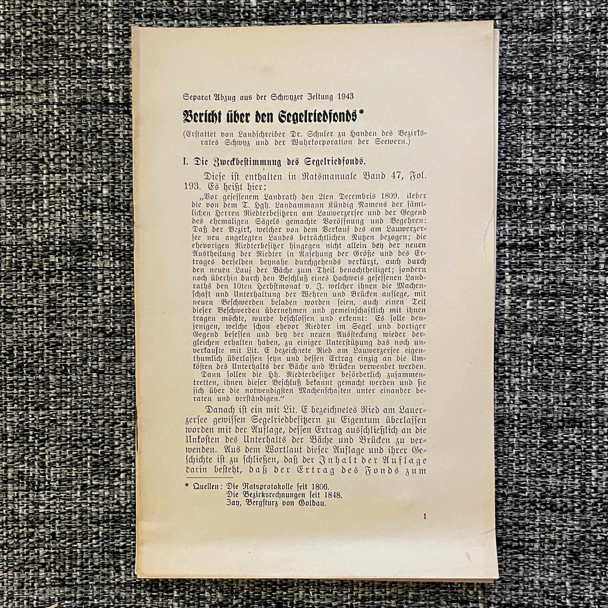 Bericht über den Segelriedfonds 1943